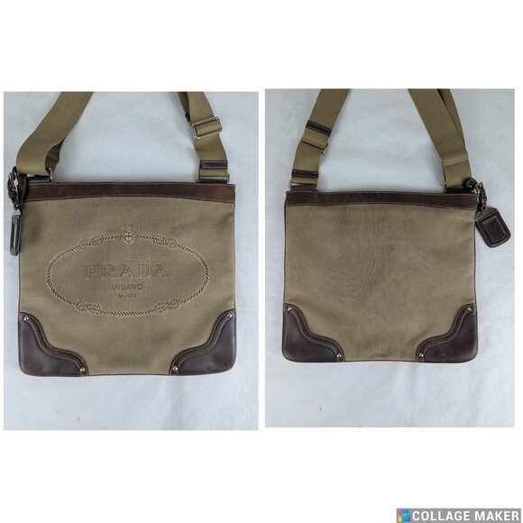 Prada Jacquard Logo Shoulder Bag Leather Canvas Brown Used Authentic F/Shipping - Picture 2 of 13